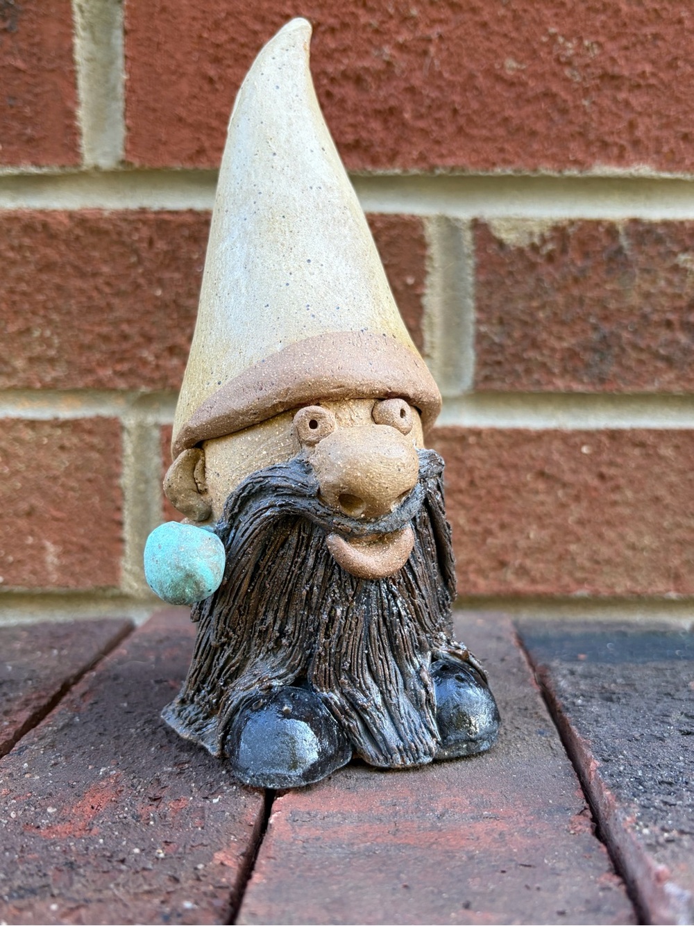 Hand Crafted Beige-Hat Gnome with Brown Beard and Turquoise Accent